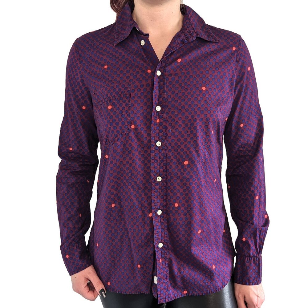 GAP Fitted Boyfriend Purple Polka Dot Button-Up | S